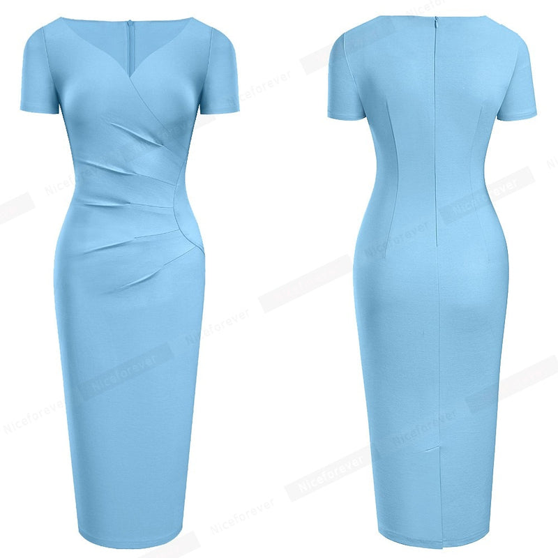 Nice-forever Summer Women Elegant Pure Color Office Dresses Formal Business Party Slim Fitted Dress B621