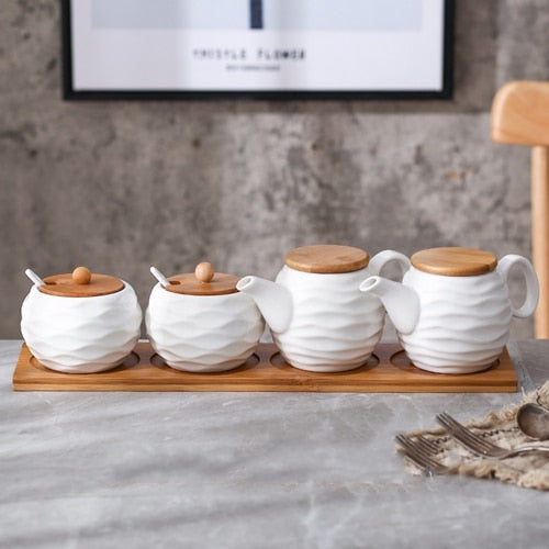 Ceramic Condiment Storage Jar Household Seasoning Pot Bamboo Tray Spice Jar Soy Sauce Box Salt Sugar Can Kitchen Organizer Tools