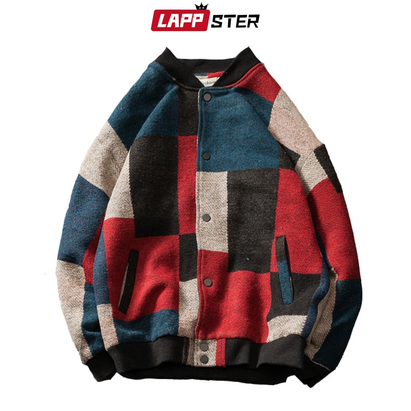 LAPPSTER otoño hombres Harajuku Plaid Bomber chaquetas 2022 hombres ropa informal japonesa rompevientos moda coreana chaquetas de béisbol