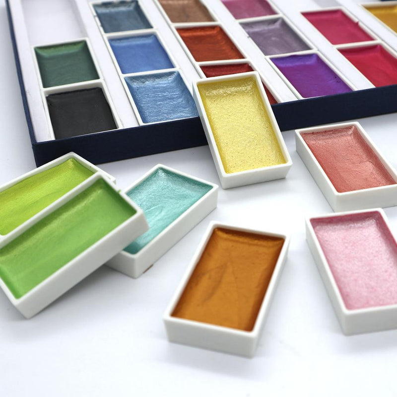 SeamiArt 24 colores brillo metálico acuarela pintura caja de regalo artista acuarela perla pigmento para suministros de dibujo