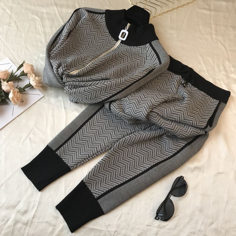High Quality New Winter Woman Tracksuit Geometric stripeTurtleneck Zipper Knitted Cardigans + Pants Women Two piece Sets