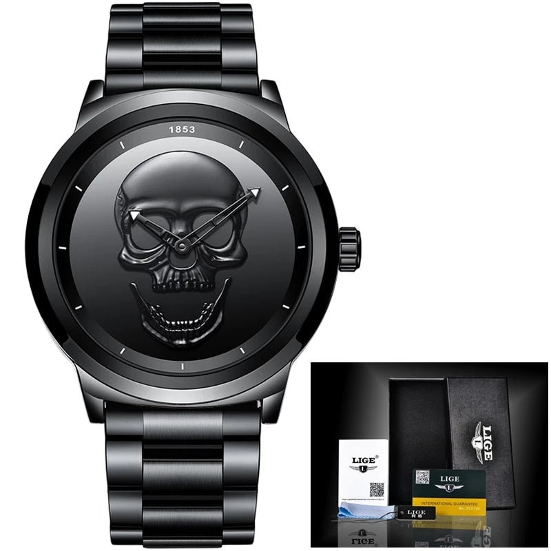Relogio Masculino LIGE Skull Mens Watches Simple Stainless Steel Sports Watch Men&