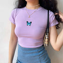 Fashion Cartoon Blue Butterfly Print Crop Top Harajuku O Neck Cropped T Shirt Cute Women T-shirt Gothic Women Tshirt Streetwear