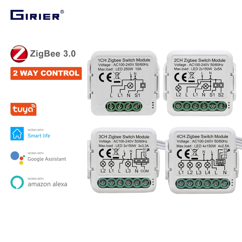 GIRIER Tuya ZigBee 3.0 Schaltmodul 10A Smart Home DIY Breaker 1 2 3 4 Gang Unterstützt 2-Wege-Steuerung Funktioniert mit Alexa Google Home