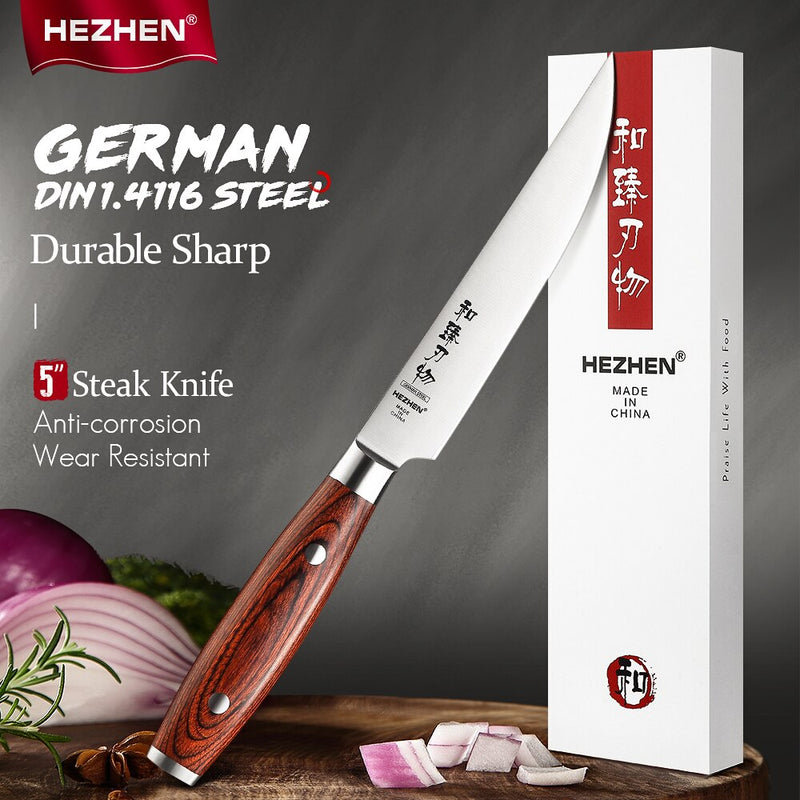 HEZHEN 5 Inches Steak Knife Cut Slice Meat Stainless Steel Rivet Sharp Pakka Wood Handle German DIN1.4116 Steel Kitchen Tool