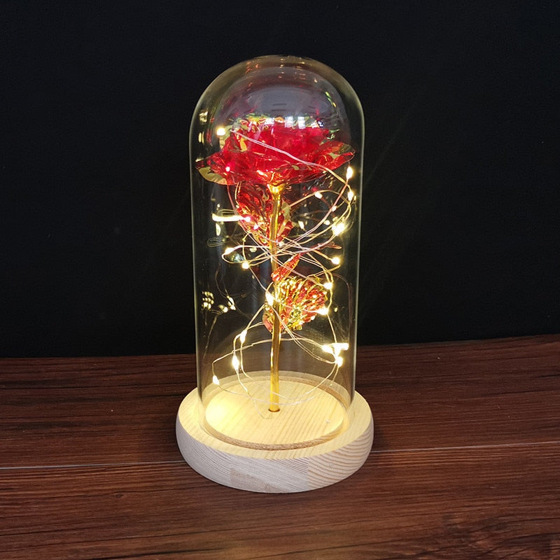 LED Enchanted Galaxy Rose Eternal 24K Gold Foil Flower with String Lights In Dome for Home Decor Christmas Valentine&