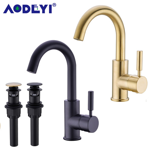 Badezimmer-Waschtischarmatur aus massivem Messing, Schwarz, Kalt- und Warmwasser-Mischbatterie, Einhand-Armaturen aus gebürstetem Gold mit Pop-Up-Abfluss