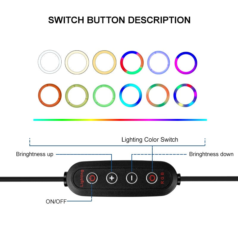 Lámpara LED de anillo regulable RGB de 10 pulgadas con Clip de teléfono Control remoto fotografía iluminación colorida para YouTube Live Stream