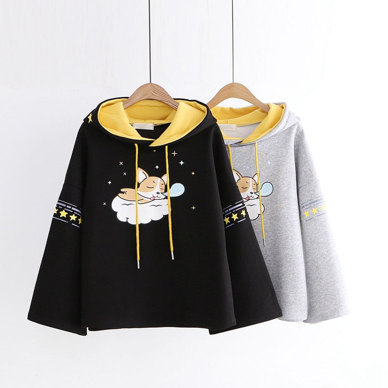 Winter Women Grey Hoodies Japanese Harajuku Cute Warm Fleece Teen Girl Hooded Sweatshirt Kawaii Anime Dog Graphic Black Pullover