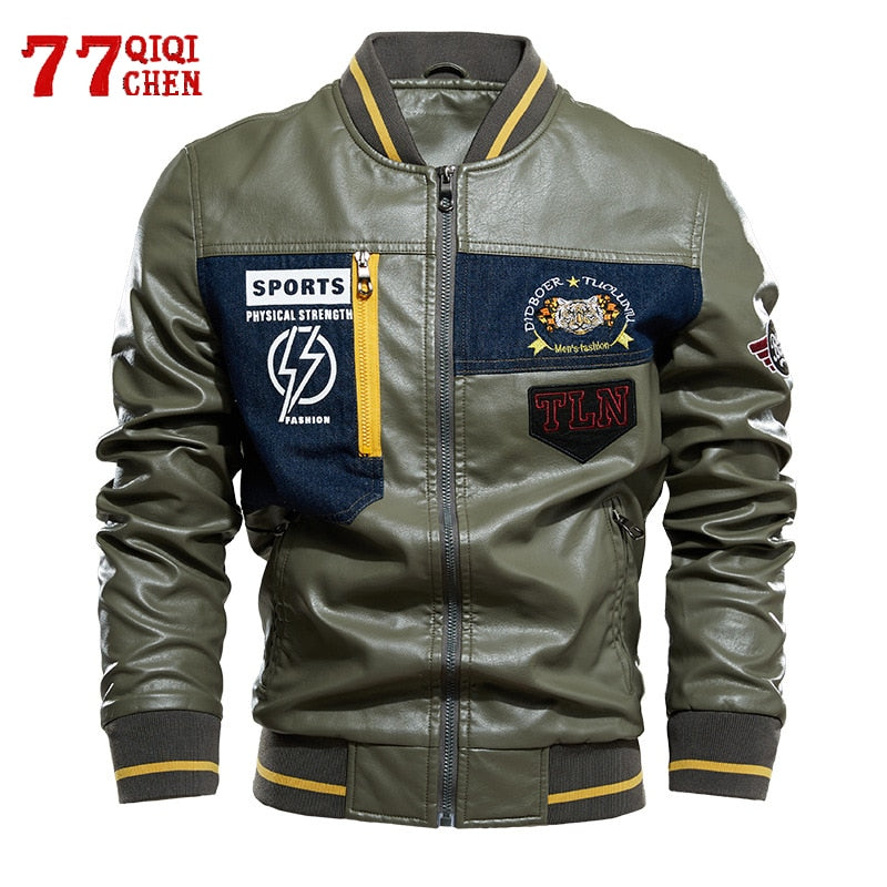 Chaqueta de cuero bordada para hombre, chaqueta de invierno polar de béisbol para Moto, chaqueta de PU para hombre, chaqueta cortavientos informal con cuello levantado para hombre, abrigo para hombre