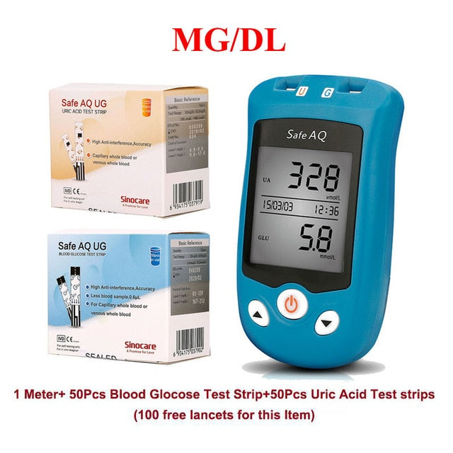 Sinocare Safe AQ UG mg/dL Blutzucker- und Harnsäuremessgerät &amp; Glukose-/Harnsäurestreifen für Diabetiker Gicht-Glukosemessgerät Multipack