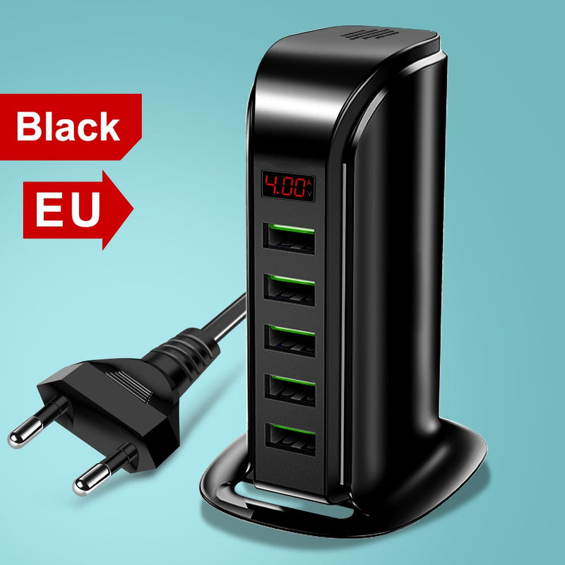 Elough 5 puertos USB cargador HUB pantalla LED Multi USB estación de carga Dock Universal teléfono móvil escritorio pared hogar UE EE. UU. Reino Unido enchufe