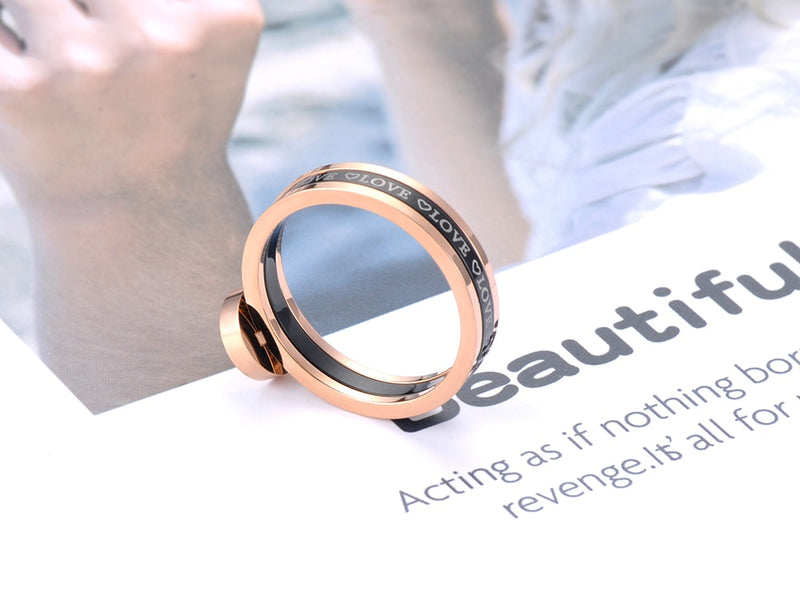 JeeMango Black Acrylic Love Roman Numerals Wedding Rings For Women Rose Gold Titanium Stainless Steel Ring Jewelry JR19060