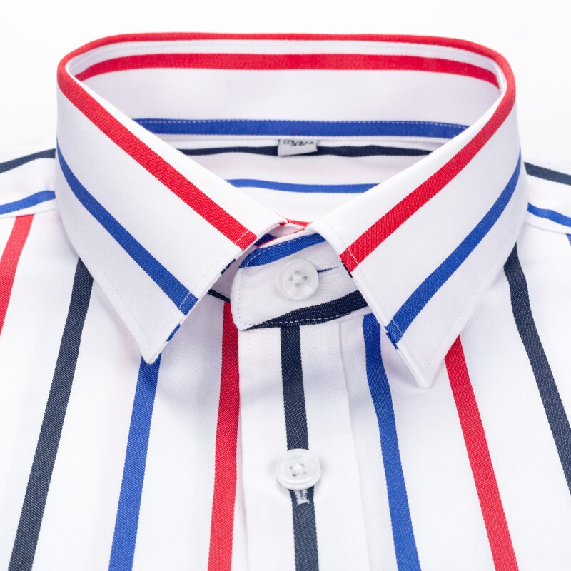 Camisa de vestir resistente a las arrugas a rayas de bloque de Color para hombre, camisas casuales de algodón puro de ajuste estándar con cuello de botones ocultos