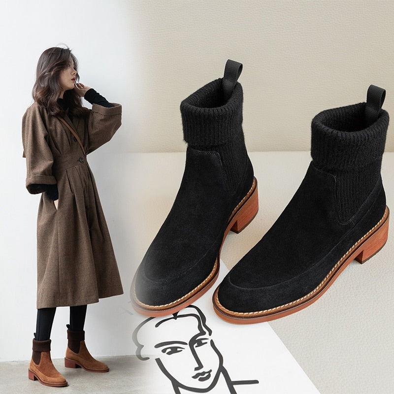 2020 invierno otoño botines para mujer talla 34-39 calcetín tejido botas mujer punta cuadrada negro marrón botines Slip Ons zapatos nuevos