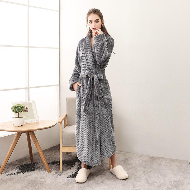 Men Plus Size 3XL Flannel Kimono Bath Gown Ultra Long Large Robe Coral Fleece Nightgown Lovers Couple Thick Warm Sleepwear MR001