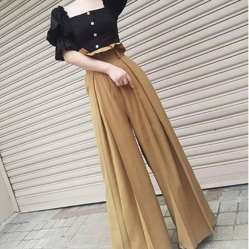 GALCAUR White Full Length Trousers For Women High Waist Loose Plus Size Pleated Ruffles Wide Leg Pants Female 2020 New Clothing