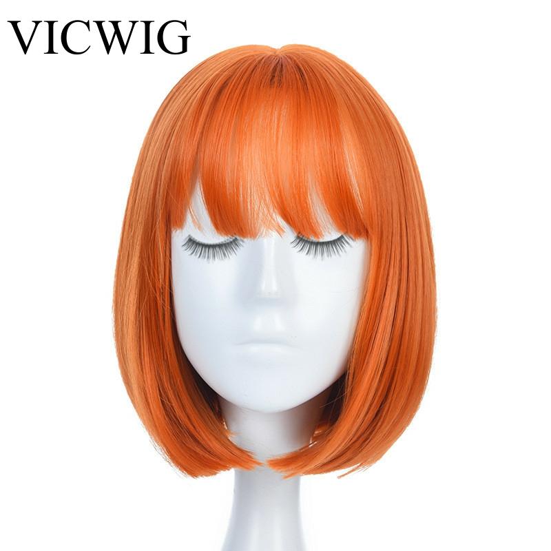 Women Orange Short Cosplay Wig with Bangs BOb Hairstyle  Heat Resistant Fiber Synthetic Straight Hair