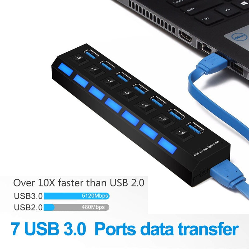 USB HUB 3.0 4 7 Port Usb Multi Splitter With Power Switch Supply Adapter For Macbook Pc Computer Laptops Notebook Accessories