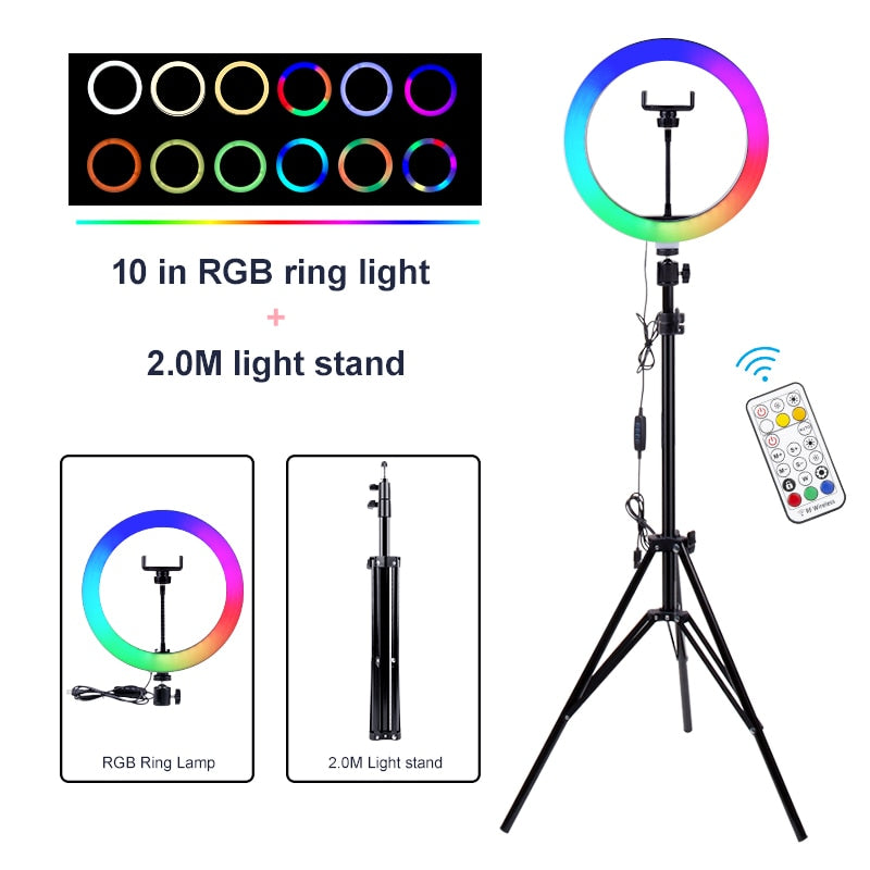 LED 10 inch RGB Dimmable Ring Lamp with Phone Clip Remote Control Photography Colorful Lighting for YouTube Live Stream