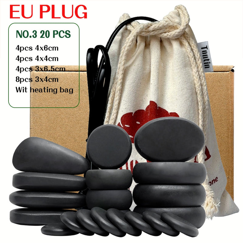 Tontin 20 teile/satz Hot Stone Massage Set Heizung Box Lindert Stress Rückenschmerzen Gesundheitspflege Lava Basalt Runde Massagewerkzeug Steine