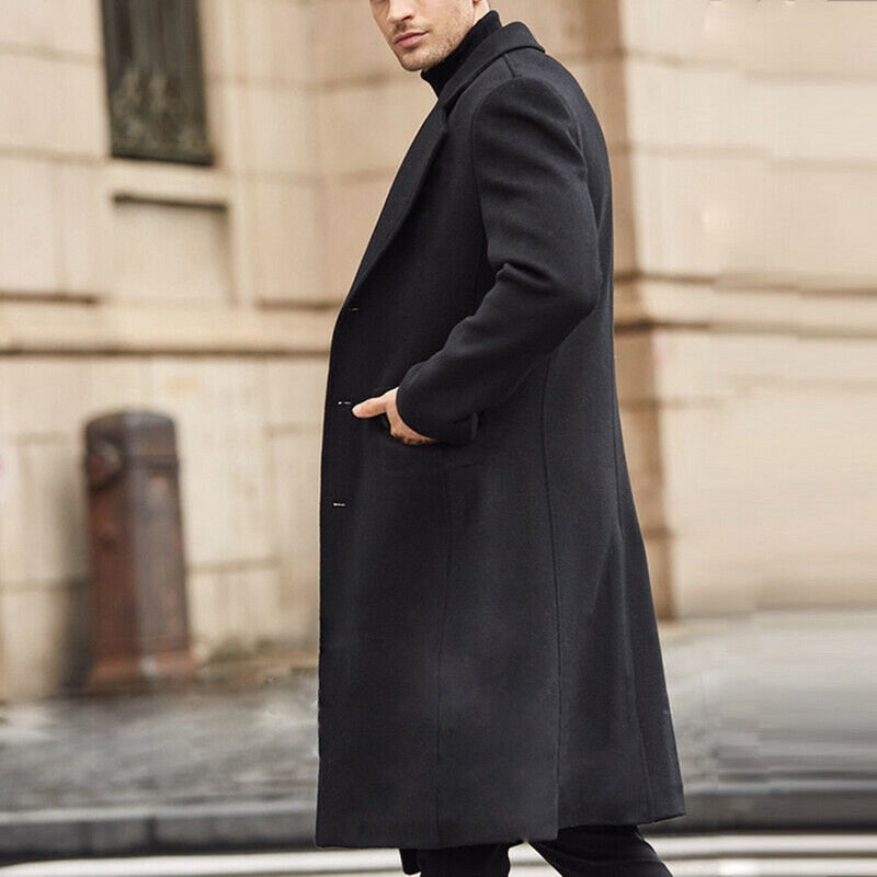 Autumn Winter Mens Wool Coat Solid Long Sleeve Woolen Jackets Fleece Men Overcoat Streetwear Fashion Long Trench Coat Outerwear