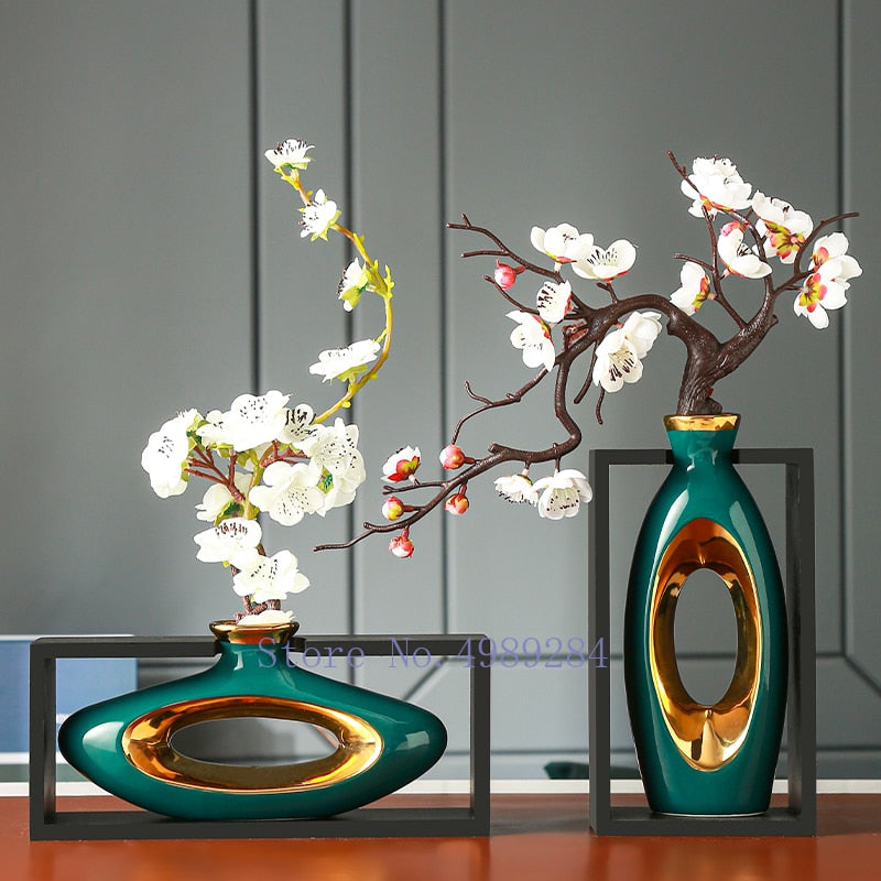 Jarrón de cerámica creativo de estilo chino, marco de madera, jarrón calado Retro, arreglo floral moderno para el hogar, jarrones de flores
