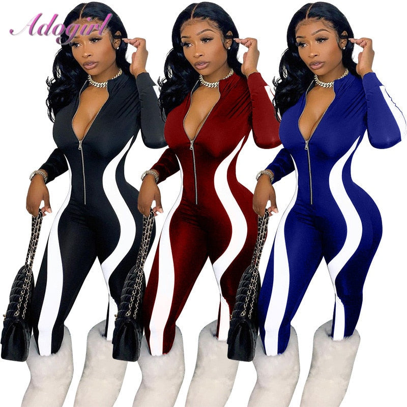 Fitness Sportwear Rompers Women Casual Stripe Patchwork Long Sleeve Zippes V Neck Workout Jumpsuit Outfit One Piece Overalls