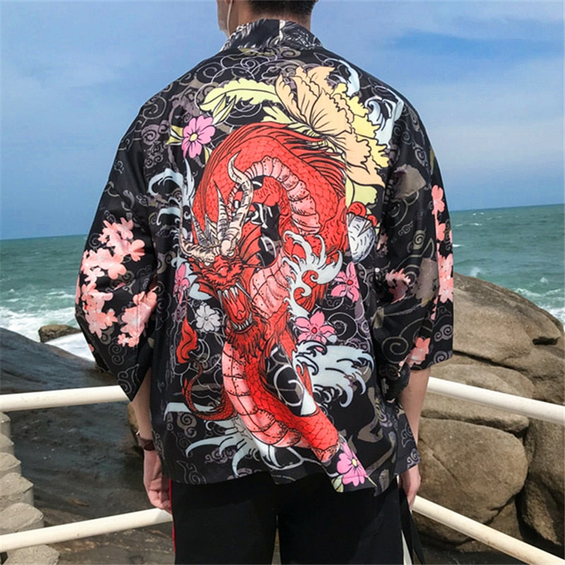 Bebovizi Drachendruck Yukata Männer Frauen Mode Strickjacke Lose Bluse Haori Obi Asiatische Kleidung Harajuku Japanischer Cosplay Kimono