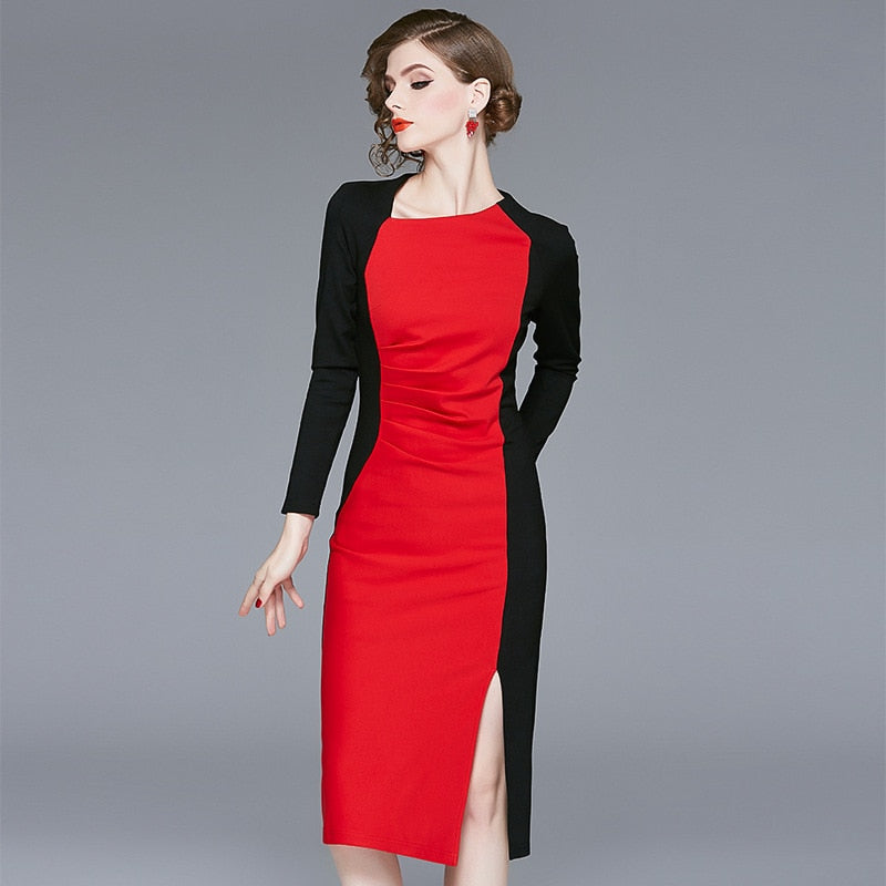 Die neuen High-End-Retro-Kleider für Frauen im Frühjahr 2020 verbesserten das Cheongsam-Farbkontrast-Promi-Hüft-Langarmkleid