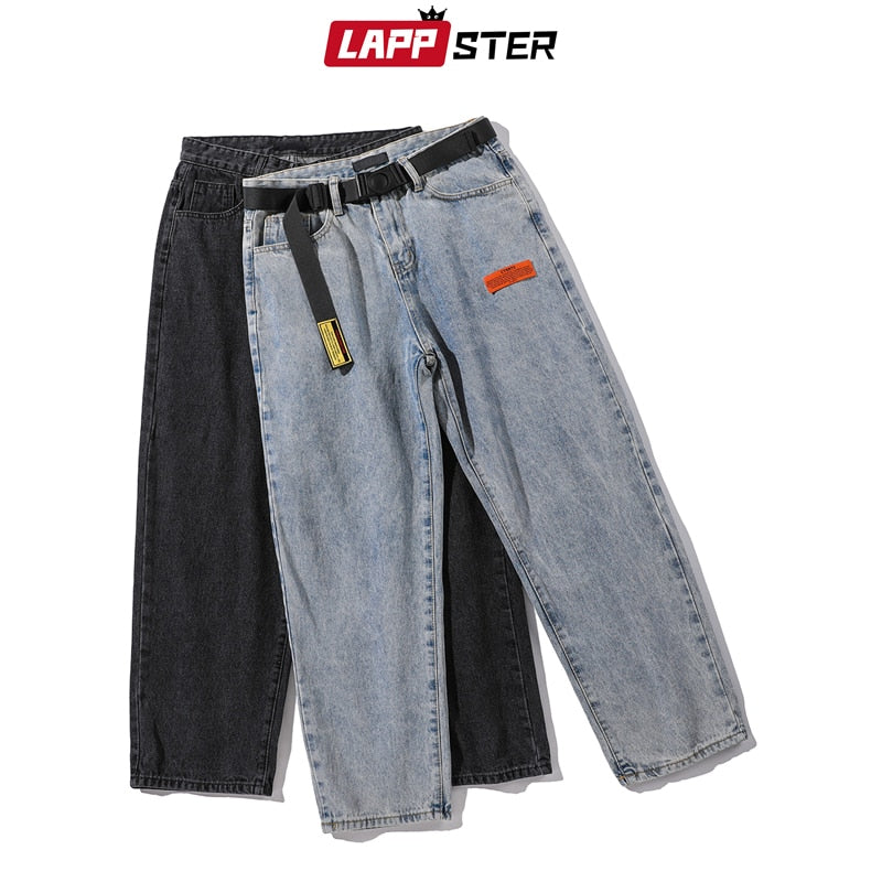 LAPPSTER Mens Korean Fashoins Harem Blue Jeans Pants 2022 Vintage Straight Pants Harajuku Jeans Baggy Free Belt Wide Leg Denim