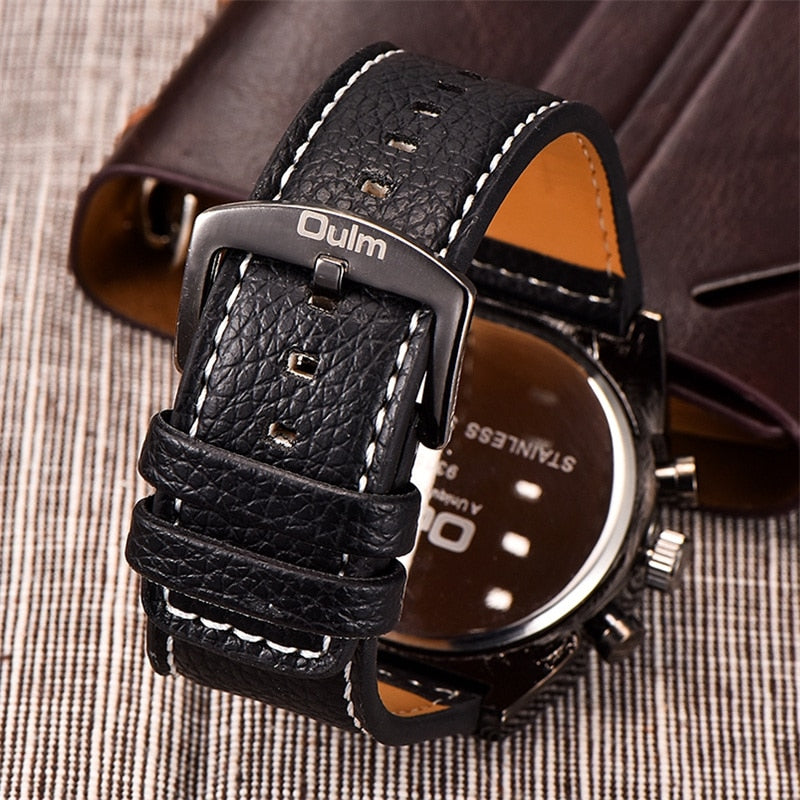 Multiple Time Zone Oulm Watches Unique Design 3 Different Time Outdoor Sports Watch Male Casual PU Leather Men's Wristwatch