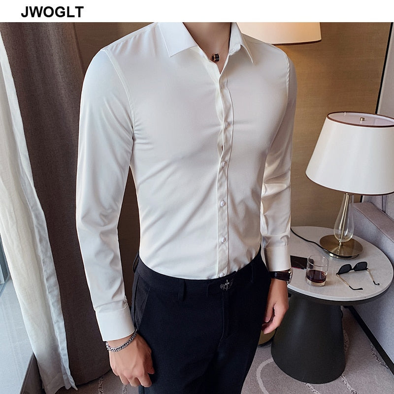 40kg-75kg Kleine asiatische Größe Fashion New Herrenhemd Korea Styles Langarm Slim Fit Gelb Grün Weiß Casual Social Shirts
