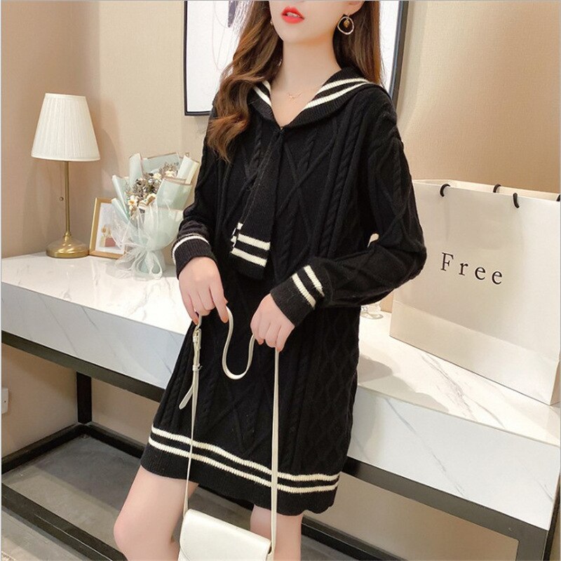 Mid-length Sweater 2022 New Women Loose Outer Wear Navy Style Korean Style Western Style Autumn Knitted Dress Trend