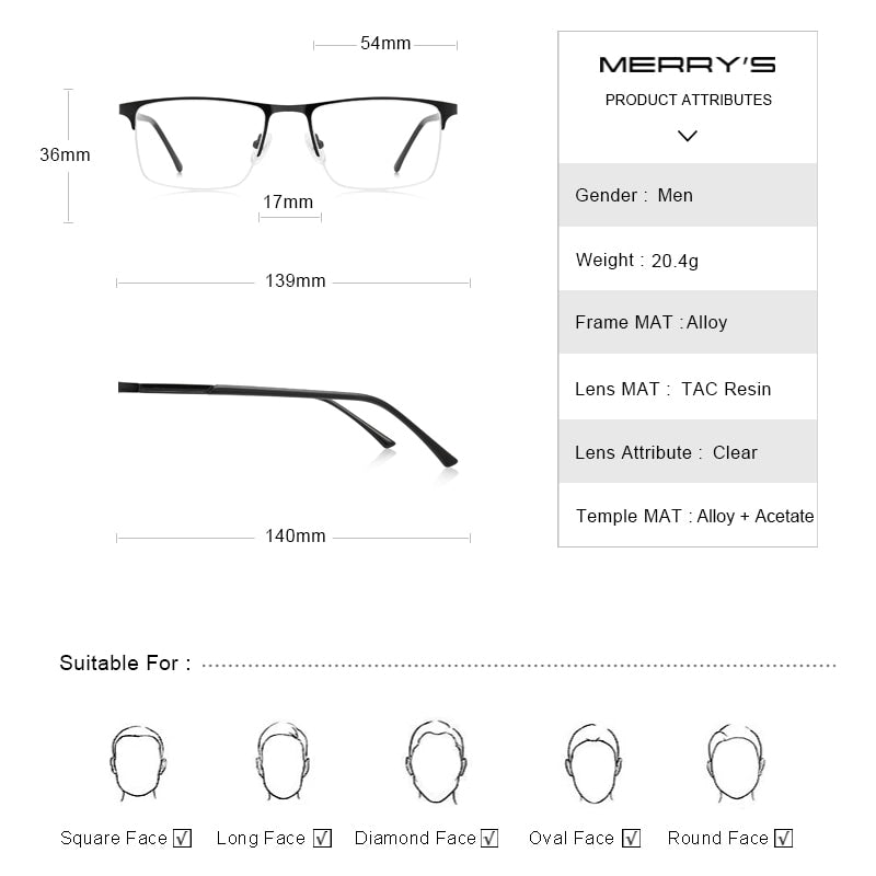 MERRYS DESIGN Männer Legierung Brillengestell Männer Quadratisch Halb Optische Ultraleicht Myopie Hyperopie Korrektionsbrille S2102