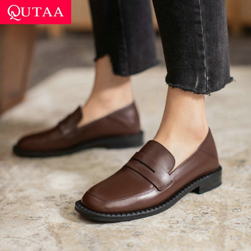 QUTAA 2021 Genuine Leather Square Heel Slip On Ladies Shoes Spring Autumn Casual Round Toe Basic Women Pumps Big Size 34-43