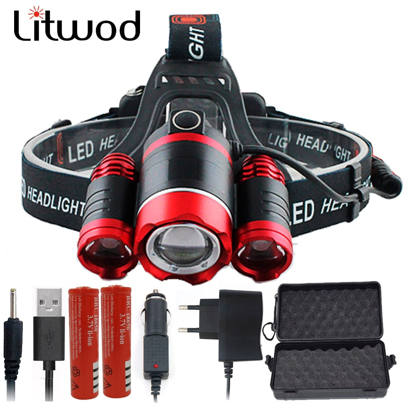 3 Led Headlamp Rechargeable XM-L T6 Headlight light Lantern Head Lamp Flashlight zoomable 18650 Battery Hunting fishing lighting