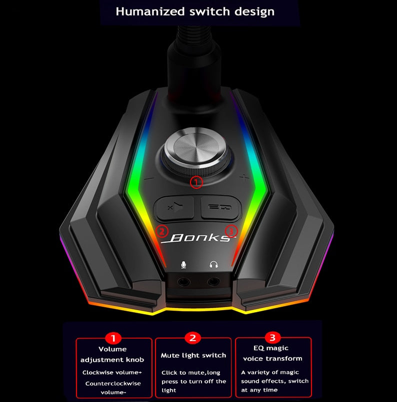 Micrófono Tarjeta de sonido HD RGB Juego de luz trasera Conferencia de voz en vivo Equipo de grabación de chat para PC notebook / Teléfono EQ Cambio de voz