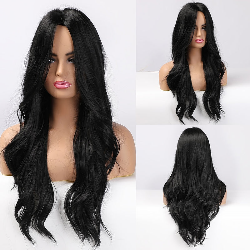 EASIHAIR Long Black Synthetic Wigs for Women Middle Part Wigs Natural Hair Wavy Wig Cosplay Heat Resistant Black Hair Wig