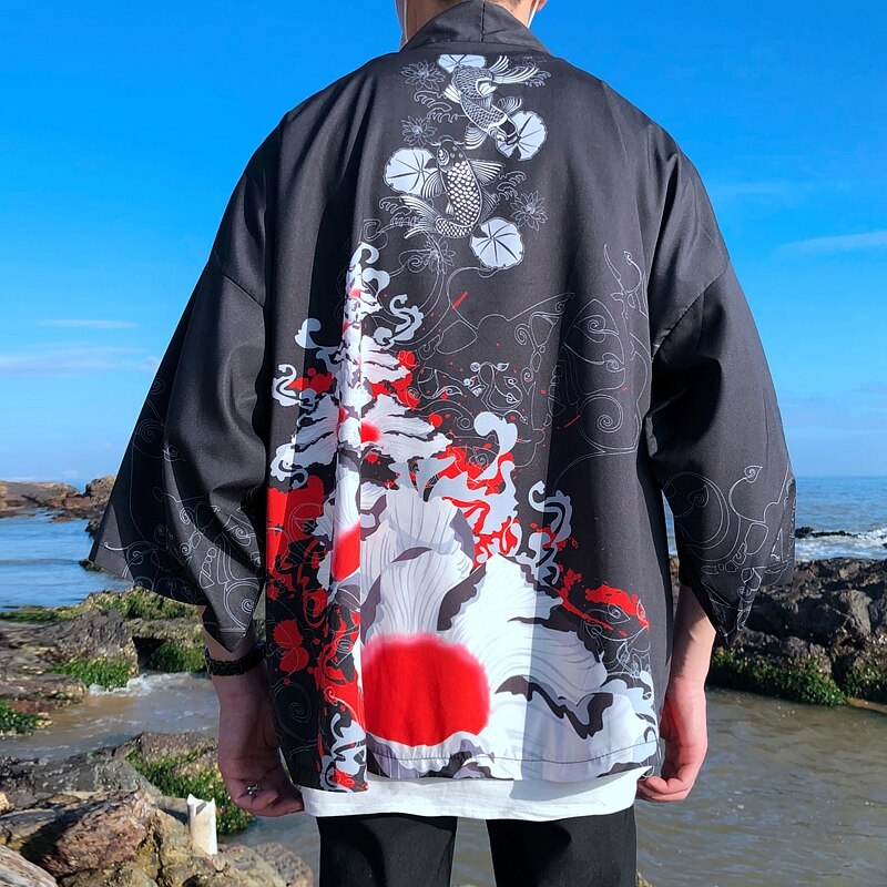 Bebovizi Dragon Print Yukata Men Women Fashion Cardigan Loose Blouse Haori Obi Asian Clothes Harajuku Japanese Cosplay Kimono