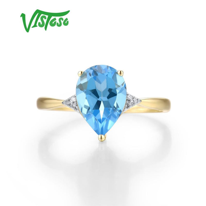 Anillo de oro amarillo VISTOSO Pure14K 585 para mujer, diamante brillante, topacio azul límpido, aniversario, joyería fina clásica