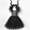 Solid Black Halloween Costumes Kids Girls Tutu Dress Ankle Length Dresses Devil Costume Cosplay Outfits Horns Wings