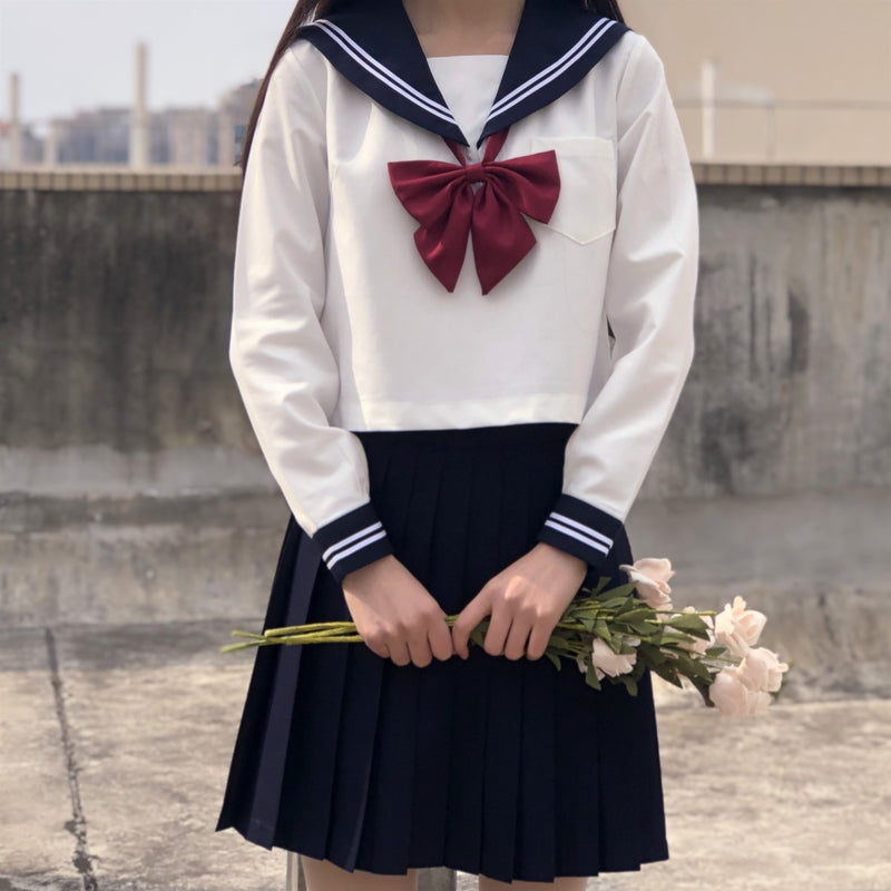 Cute Sailor suit Long sleeve JK School uniform sets for girls White shirt and dark blue pleated skirt suits Student Cosplay