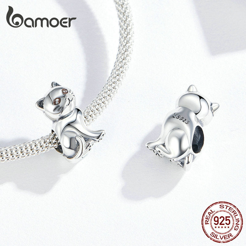 bamoer Cute Baby Cat Metal Beads Charm for Women European Luxury Bracelet 925 Sterling Silver Fashion Jewelry SCC1305