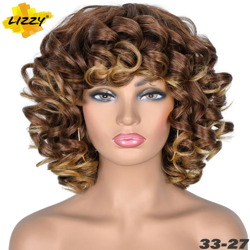 Peluca Afro rizada de pelo corto con flequillo, Cosplay sintético suelto, pelucas naturales esponjosas hasta los hombros para mujeres negras, marrón oscuro, 14"