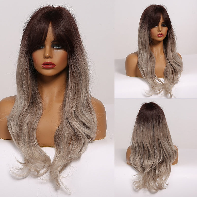 EASIHAIR Grey Ombre Wavy Wigs Long Synthetic Wigs for Women Wigs with Bangs Natural Hair Wigs Heat Resistant Cosplay Wigs