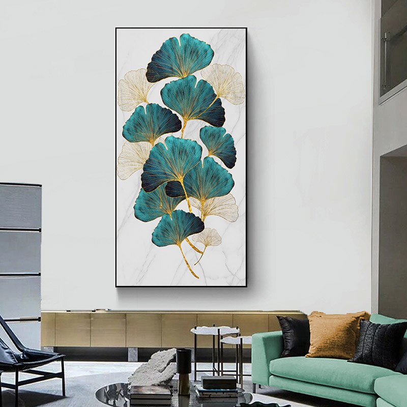 Póster abstracto de hoja de planta dorada verde, lienzo nórdico, pintura de arte de pared, imagen moderna, decoración de entrada de sala de estar