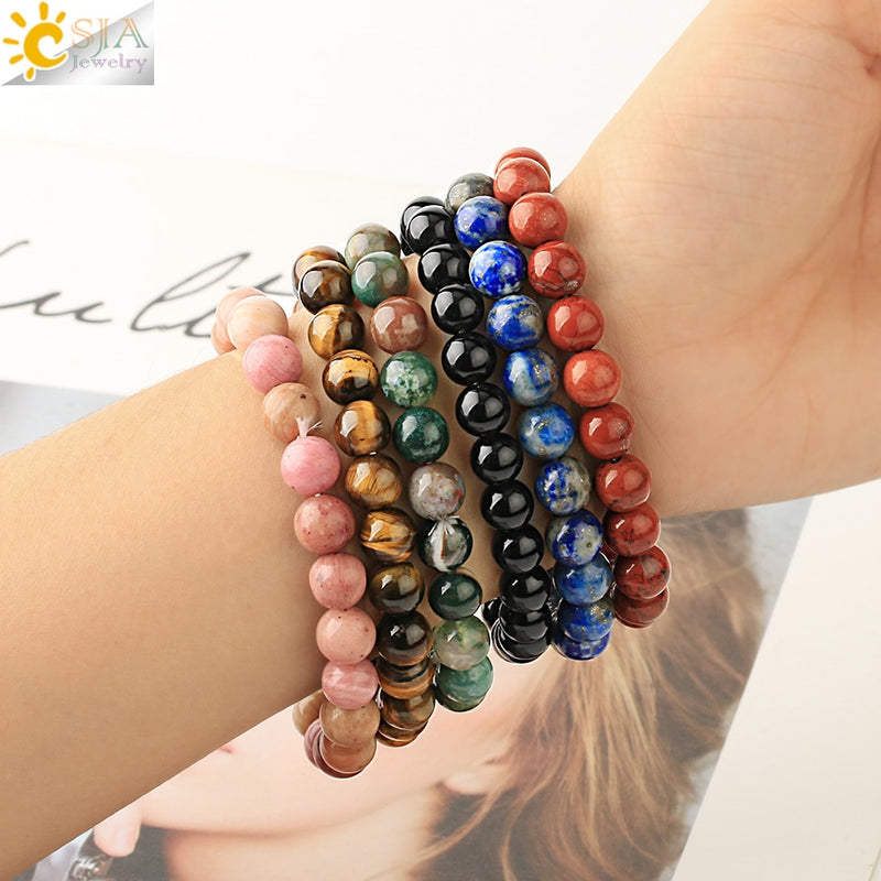 CSJA 8 mm Naturstein-Strang-Armbänder, einfarbig, runde Perlen, heilendes, elastisches Armband für Frauen, einfacher, trendiger Schmuck, G432
