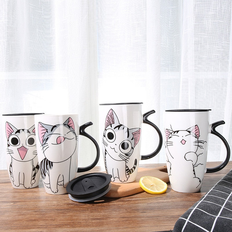 Taza de café de cerámica de gato bonito de 600ml con tapa, tazas de animales de gran capacidad, vasos creativos para beber, tazas de té y café, regalos novedosos, taza de leche