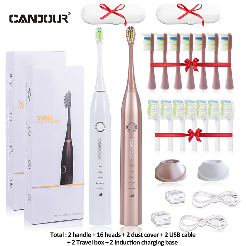 CANDOR CD-5168 Elektrische Schallzahnbürste Wiederaufladbare Zahnbürste IPX8 Wasserdichtes 15-Modus-USB-Ladegerät Ersatzköpfe Set